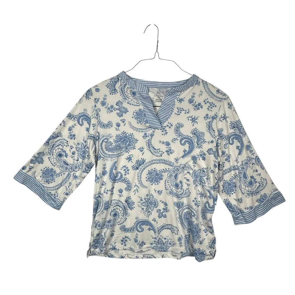 Flora Nikroo Paisley 3/4 Sleeve V Neck Pajama Shirt White Blue Size Medium - Picture 1 of 8